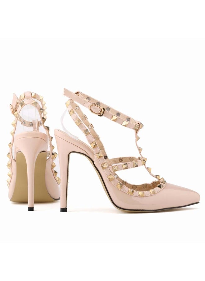 Loquat Pointed Toe Riveted Contrast Cut-Out Stiletto Heels Nude  - Image 2