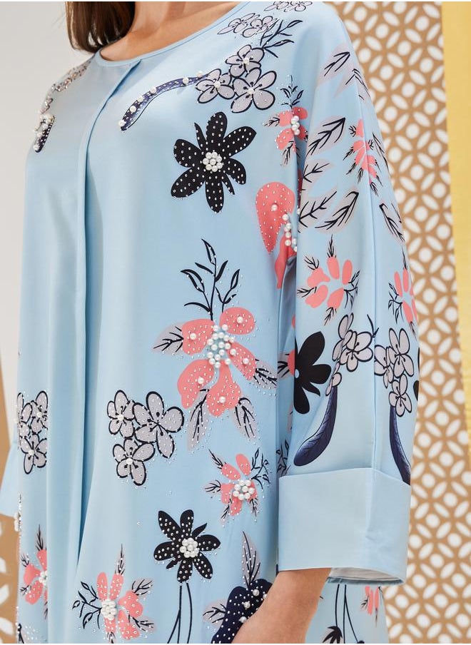 Styli Floral Printed A-Line Jalabiya with Embellishment  - Image 4