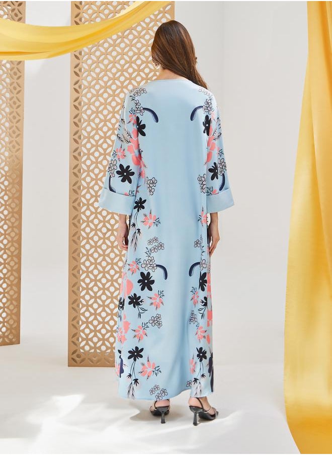 Styli Floral Printed A-Line Jalabiya with Embellishment  - Image 5