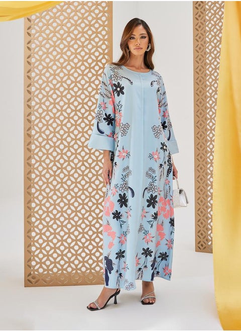 Floral Printed A-Line Jalabiya with Embellishment