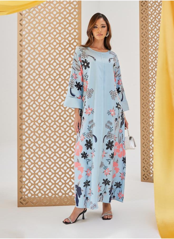Styli Floral Printed A-Line Jalabiya with Embellishment  - Image 1
