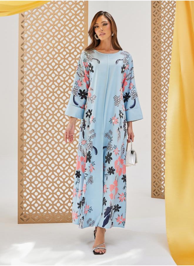 Styli Floral Printed A-Line Jalabiya with Embellishment  - Image 2