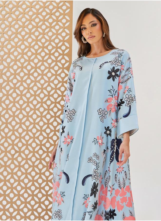 Styli Floral Printed A-Line Jalabiya with Embellishment  - Image 3