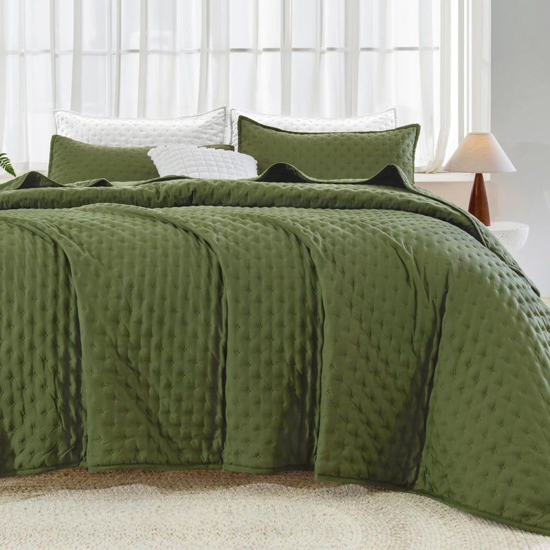 Andency Olive Green California King Size Quilt Bedding Set (112x104 Inch), 3 Pieces Soft Lightweight Bedspread Coverlet - Image 2