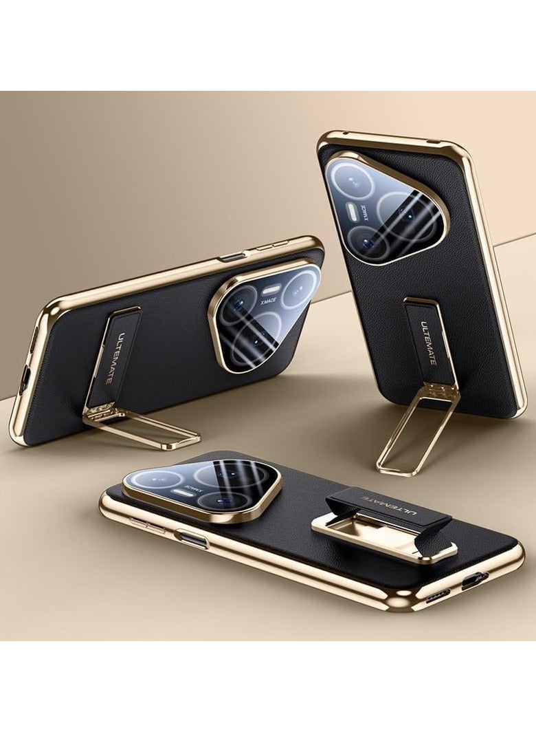 general Leather Case Compatible with Huawei Pura 80 Ultra 5G, Full Wrap Lens Camera Protection Magnetic Retractable Wrist Strap Metal Swivel Stand Shockproof Case