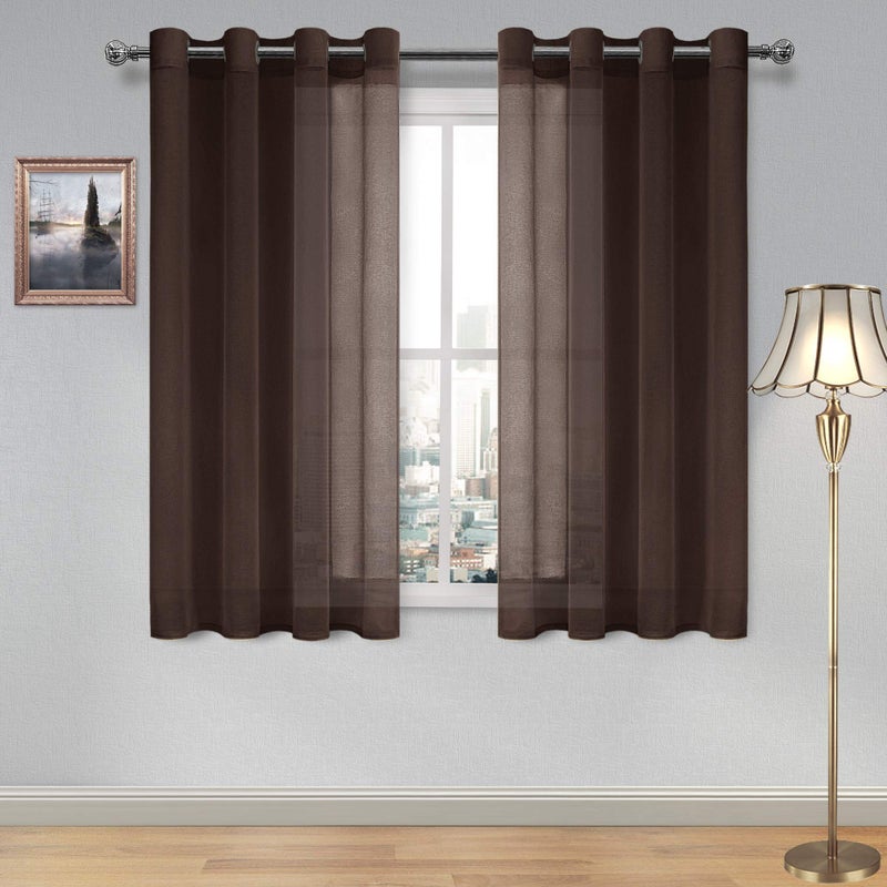 DWCN Brown Sheer Curtains Linen Look Semi Transparent Voile Grommet Curtains for Living Room Bedroom Drapes 52 x 54 inch Length Set of 2 Panels