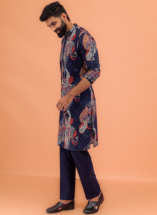 KISAH Abstract Printed Thread Work Mandarin Collar Straight Kurta with Trousers - Image 4