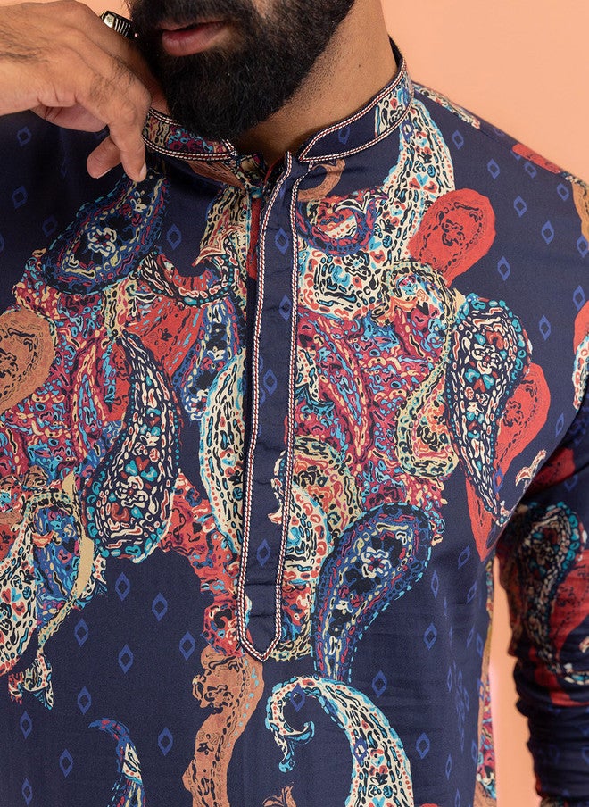 KISAH Abstract Printed Thread Work Mandarin Collar Straight Kurta with Trousers - Image 3