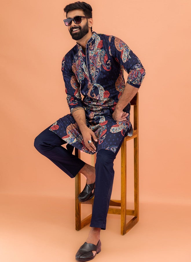 KISAH Abstract Printed Thread Work Mandarin Collar Straight Kurta with Trousers - Image 1