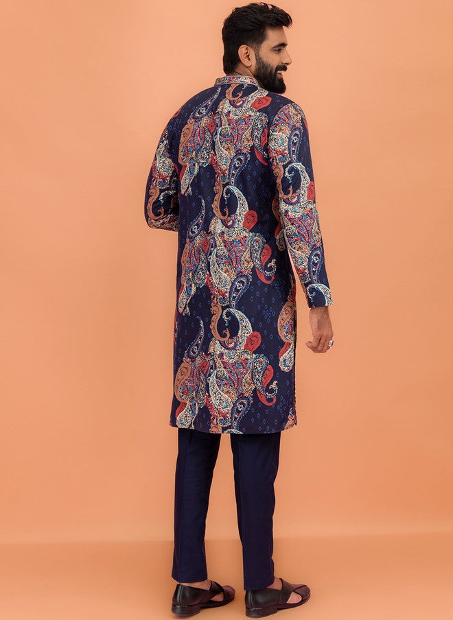 KISAH Abstract Printed Thread Work Mandarin Collar Straight Kurta with Trousers - Image 5