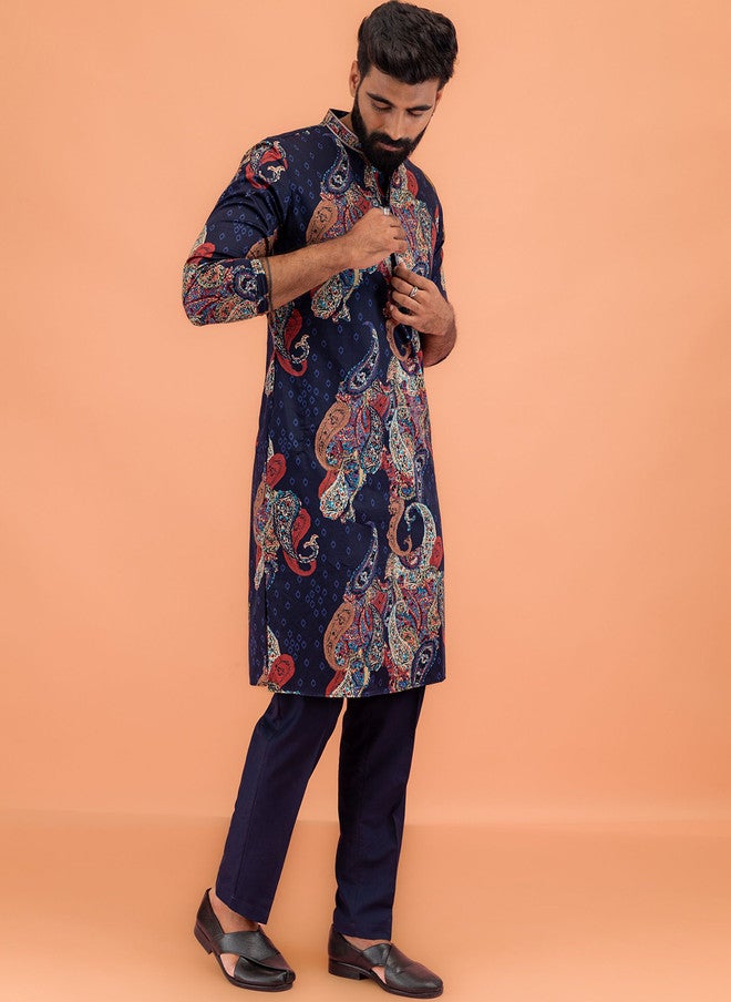 KISAH Abstract Printed Thread Work Mandarin Collar Straight Kurta with Trousers - Image 2