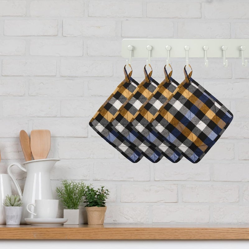 E-Retailer ERetailer Heat Resistant Padded Cotton Kitchen Pot HolderOven Mitten for Microwave 4 Piece Color Check Blue Size8x8 Inch 