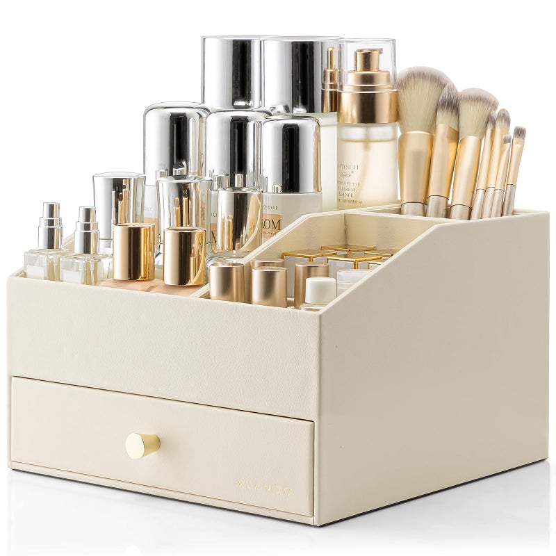 VLANDO Makeup Organzier,Vanity Organizer with Drawers, PU Leather Skincare Organizer Perfume Organizer,Large Cosmetic Display Case for Lipstick,Brushes Gifts for Women-Beige - Image 1