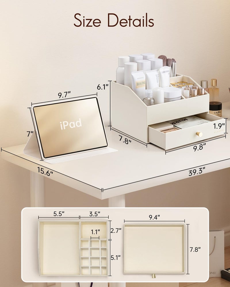 VLANDO Makeup Organzier,Vanity Organizer with Drawers, PU Leather Skincare Organizer Perfume Organizer,Large Cosmetic Display Case for Lipstick,Brushes Gifts for Women-Beige - Image 3