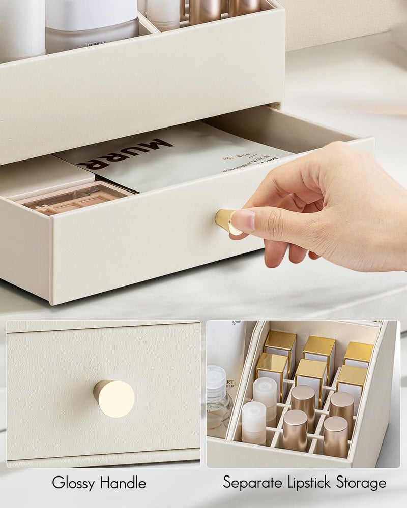 VLANDO Makeup Organzier,Vanity Organizer with Drawers, PU Leather Skincare Organizer Perfume Organizer,Large Cosmetic Display Case for Lipstick,Brushes Gifts for Women-Beige - Image 5