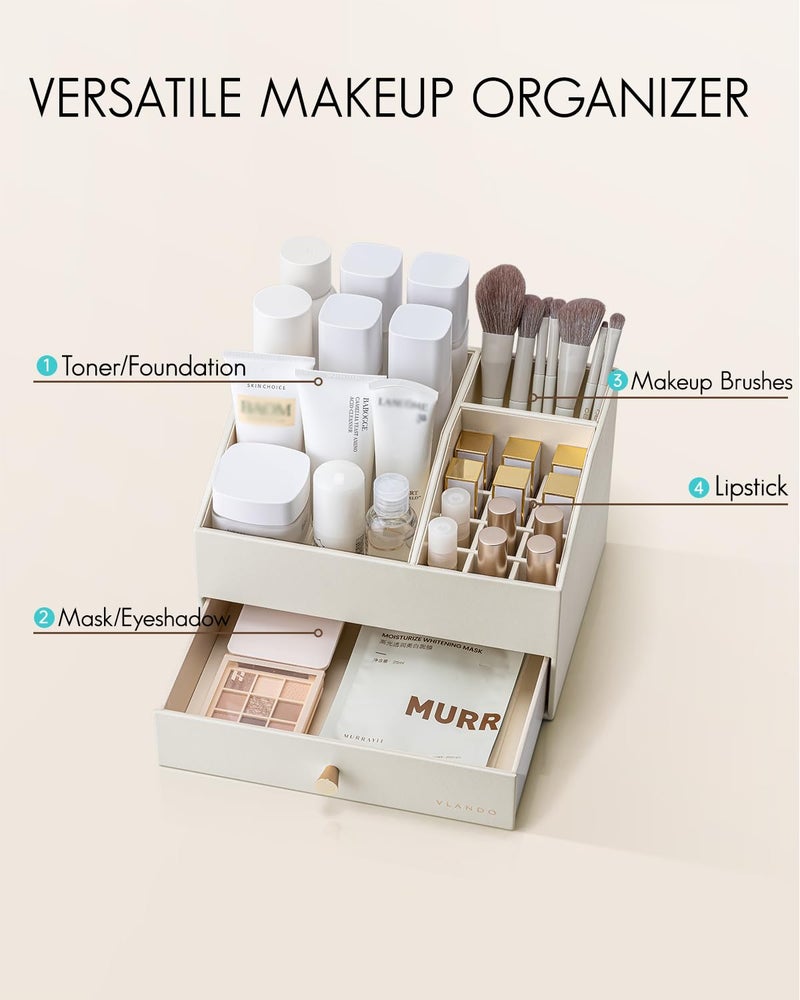VLANDO Makeup Organzier,Vanity Organizer with Drawers, PU Leather Skincare Organizer Perfume Organizer,Large Cosmetic Display Case for Lipstick,Brushes Gifts for Women-Beige - Image 2