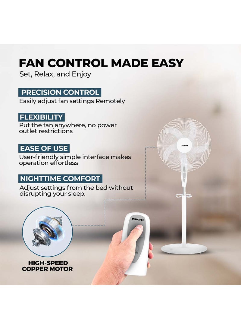NIKAI 16 Inch Pedestal Fan With Remote And Timer, T" Class Motor, High-Performance Copper Motor, 7.5 Hours Timer, Wide Oscillation, 3 Speeds, Energy-Efficient, For Home And Office 45 W NPF1634RT White - Image 5