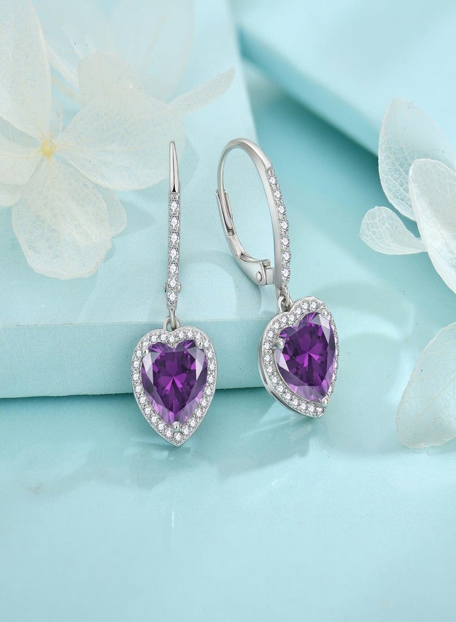 FJ Heart Amethyst Earrings 925 Sterling Silver Halo Dangle Drop Earrings February Birthstone Jewelry for Women - Image 4