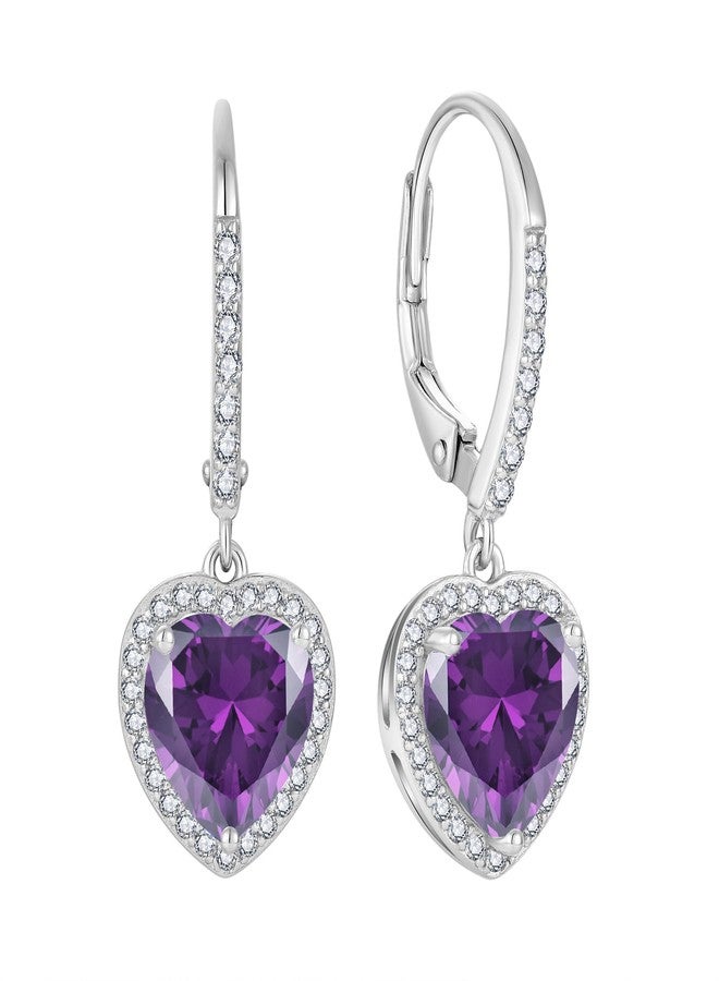 FJ Heart Amethyst Earrings 925 Sterling Silver Halo Dangle Drop Earrings February Birthstone Jewelry for Women - Image 1