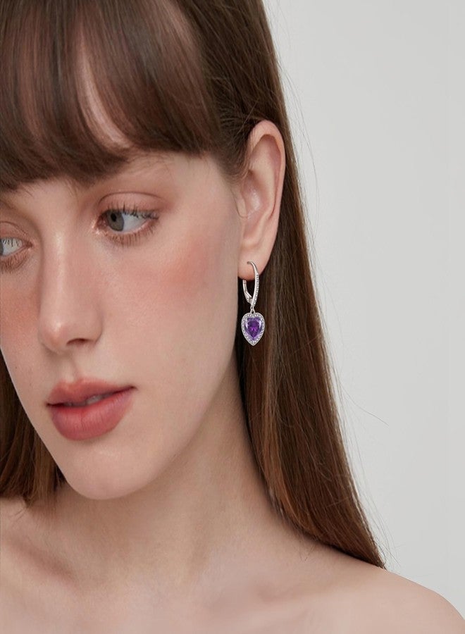 FJ Heart Amethyst Earrings 925 Sterling Silver Halo Dangle Drop Earrings February Birthstone Jewelry for Women - Image 2