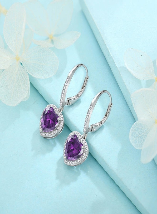 FJ Heart Amethyst Earrings 925 Sterling Silver Halo Dangle Drop Earrings February Birthstone Jewelry for Women - Image 5