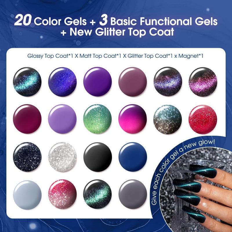 ROSALIND 24PCS Cat Eye Gel Nail Polish Set with Glitter Glossy Matte Top Coat Base Coat, Color Changing Glitter Shinny Effect Magic Gel Polish Set Soak Off Nail Gel Polish Nail Art - Image 2
