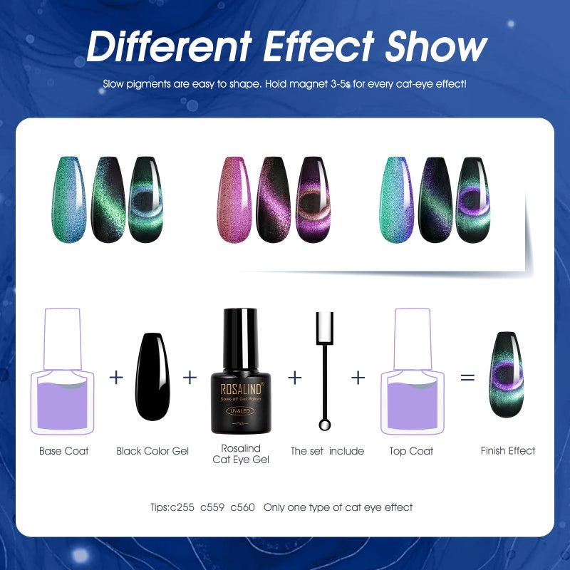 ROSALIND 24PCS Cat Eye Gel Nail Polish Set with Glitter Glossy Matte Top Coat Base Coat, Color Changing Glitter Shinny Effect Magic Gel Polish Set Soak Off Nail Gel Polish Nail Art - Image 3