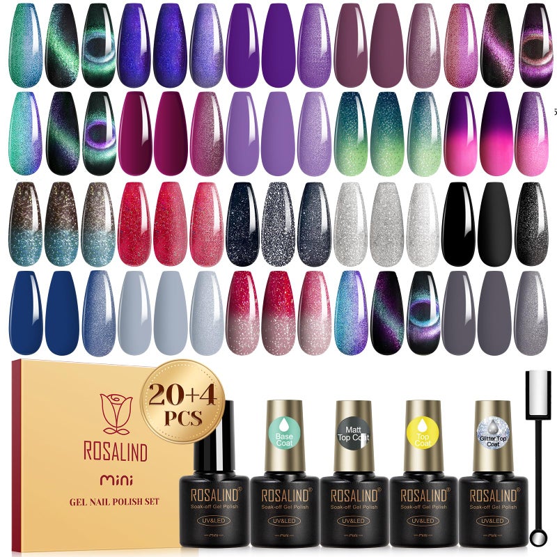 ROSALIND 24PCS Cat Eye Gel Nail Polish Set with Glitter Glossy Matte Top Coat Base Coat, Color Changing Glitter Shinny Effect Magic Gel Polish Set Soak Off Nail Gel Polish Nail Art - Image 1