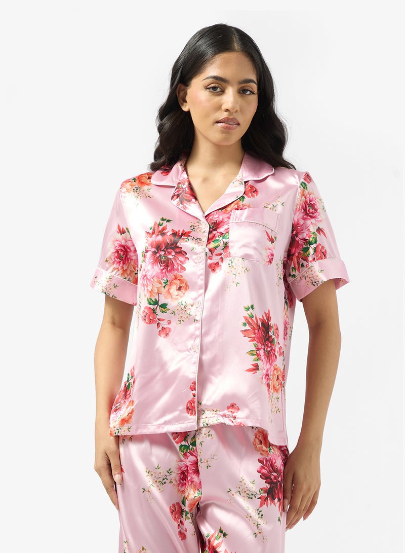Ginger Satin Floral Button Up Pyjama Set - Image 3