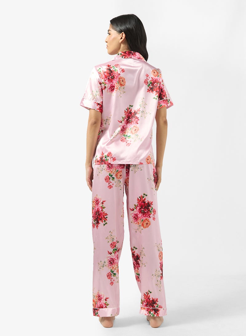 Ginger Satin Floral Button Up Pyjama Set - Image 2