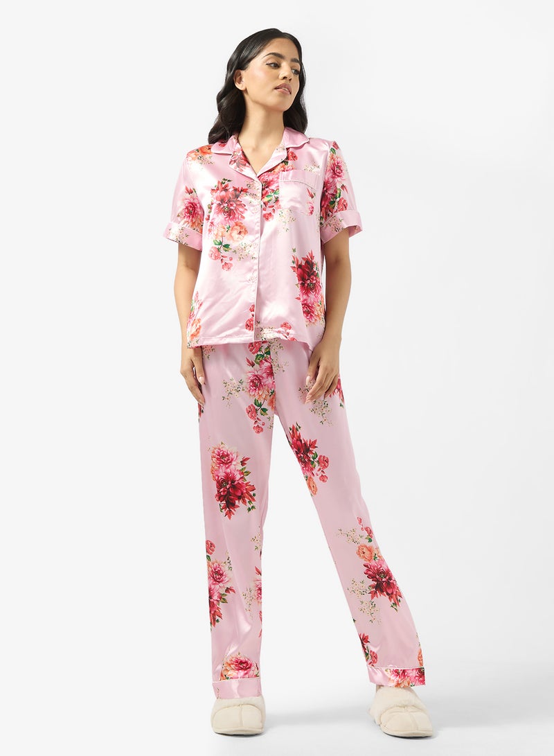Ginger Satin Floral Button Up Pyjama Set - Image 5