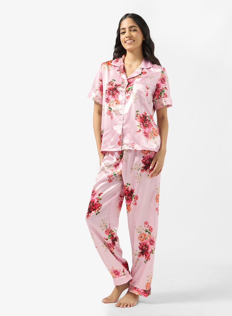Ginger Satin Floral Button Up Pyjama Set - Image 1