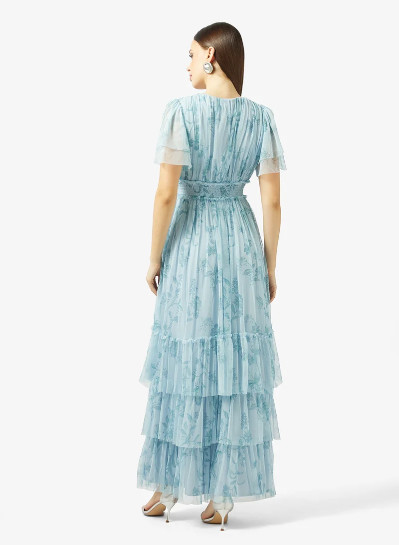 Anaya With Love V Neck Shirred Waist Tiered Tulle Maxi Dress