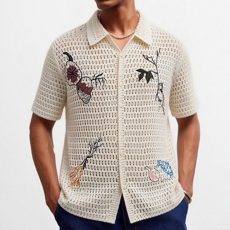 Men's Embroidered Knit Cardigan Polo Shirt with Hollow Out Design - Image 2