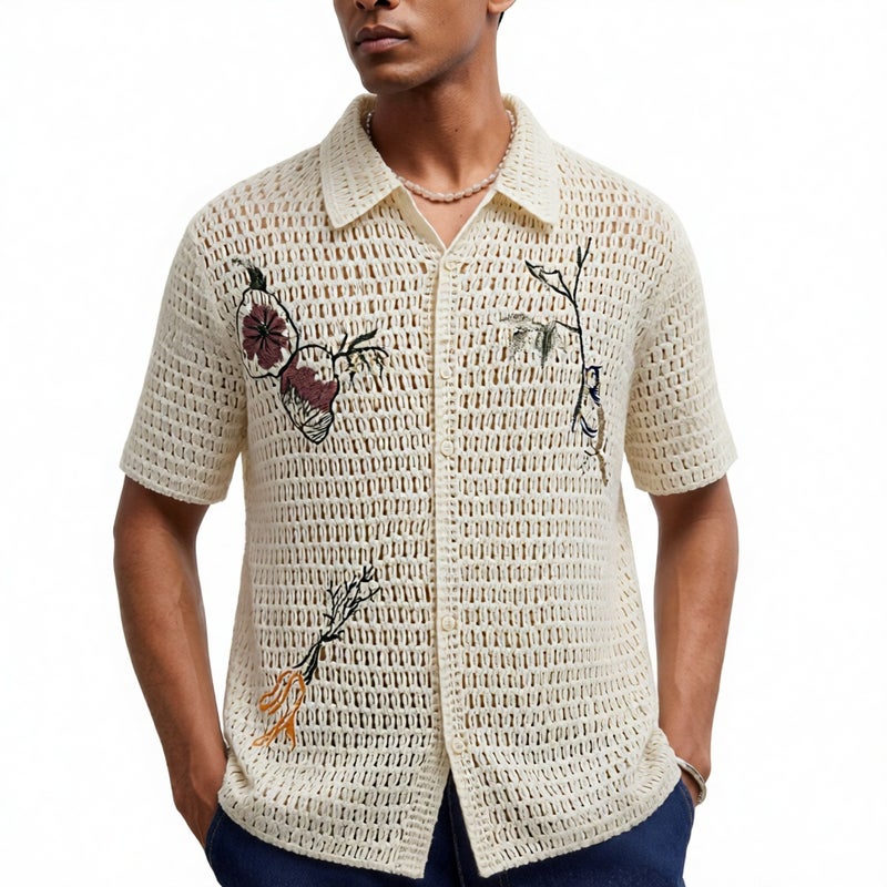 Men's Embroidered Knit Cardigan Polo Shirt with Hollow Out Design - Image 1