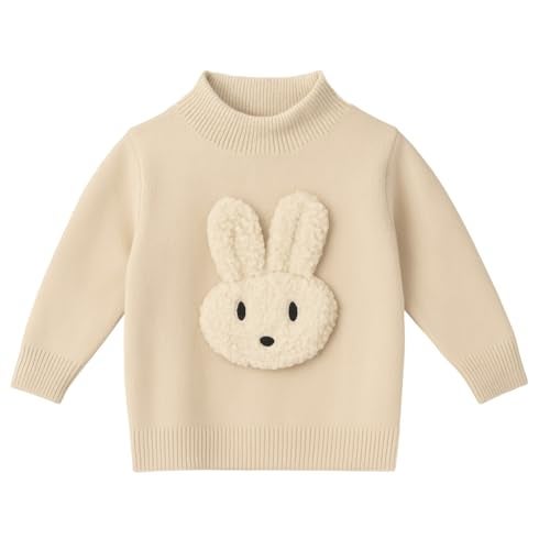 Bold N Elegant Kids Cute Bunny Soft Knit Winter Woolen Sweater Pullover for Baby Girl 1-6 Years | Warm High Neck Wool Blend Sweater for Kids Beige - Image 1