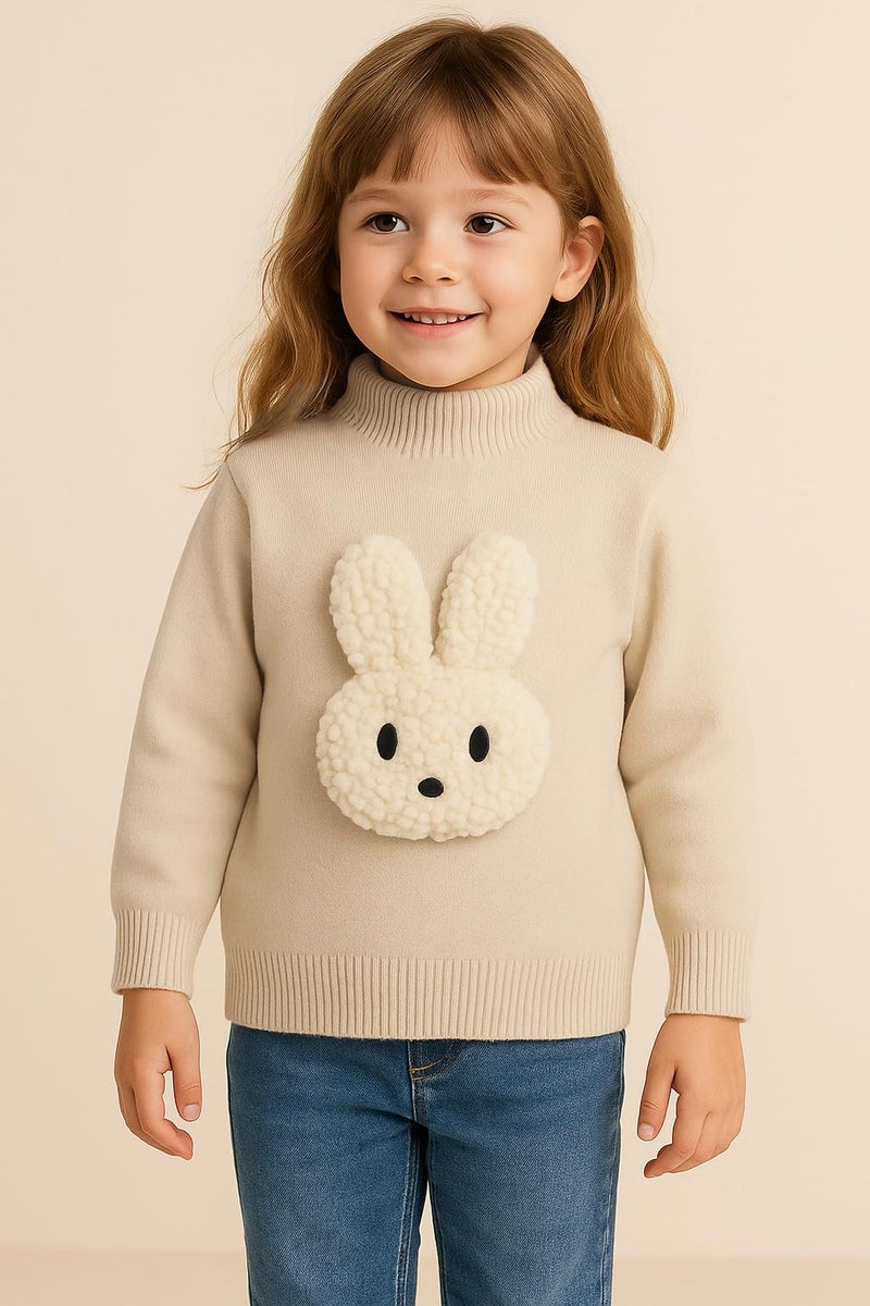 Bold N Elegant Kids Cute Bunny Soft Knit Winter Woolen Sweater Pullover for Baby Girl 1-6 Years | Warm High Neck Wool Blend Sweater for Kids Beige - Image 2