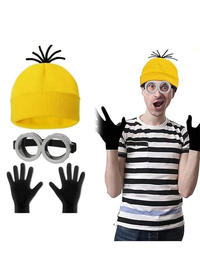 GMORO 4Pcs Minion Costoum Accessories,Costume Accessories Adult, Yellow Beanie Hats Goggles Gloves uspenders for Cosplay Set Dress Up - Image 1
