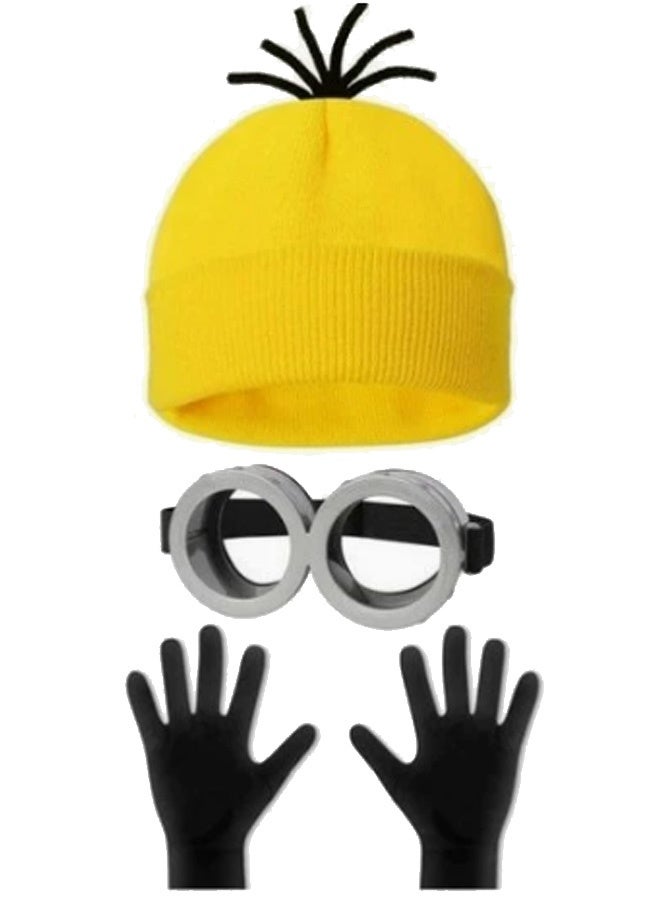GMORO 4Pcs Minion Costoum Accessories,Costume Accessories Adult, Yellow Beanie Hats Goggles Gloves uspenders for Cosplay Set Dress Up - Image 2