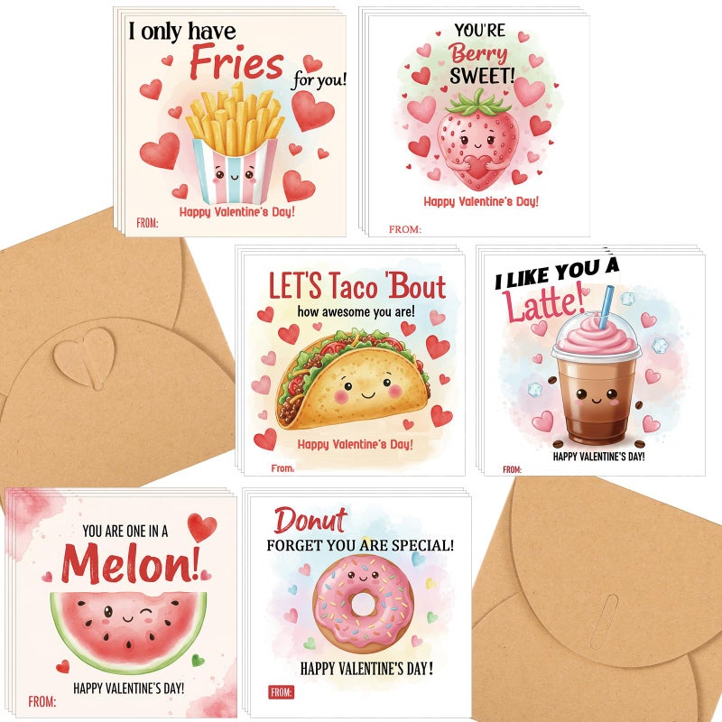Tinlade 24 Pack 4.3 x 4.3â€³ Food Valentines Cards with Envelopes Valentines Day Cards Bulk for Classroom Assorted Adorable Design with Printed Message Inside for Teachers Students Coworker Friend - Image 1