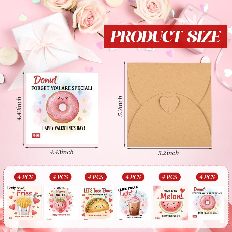 Tinlade 24 Pack 4.3 x 4.3â€³ Food Valentines Cards with Envelopes Valentines Day Cards Bulk for Classroom Assorted Adorable Design with Printed Message Inside for Teachers Students Coworker Friend - Image 2