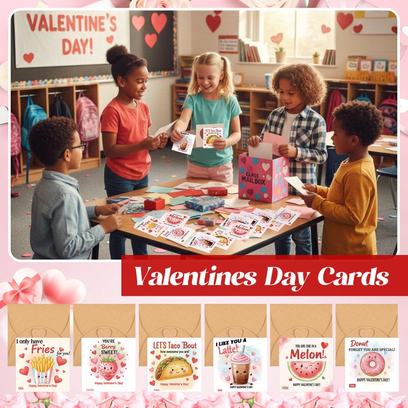 Tinlade 24 Pack 4.3 x 4.3â€³ Food Valentines Cards with Envelopes Valentines Day Cards Bulk for Classroom Assorted Adorable Design with Printed Message Inside for Teachers Students Coworker Friend - Image 5