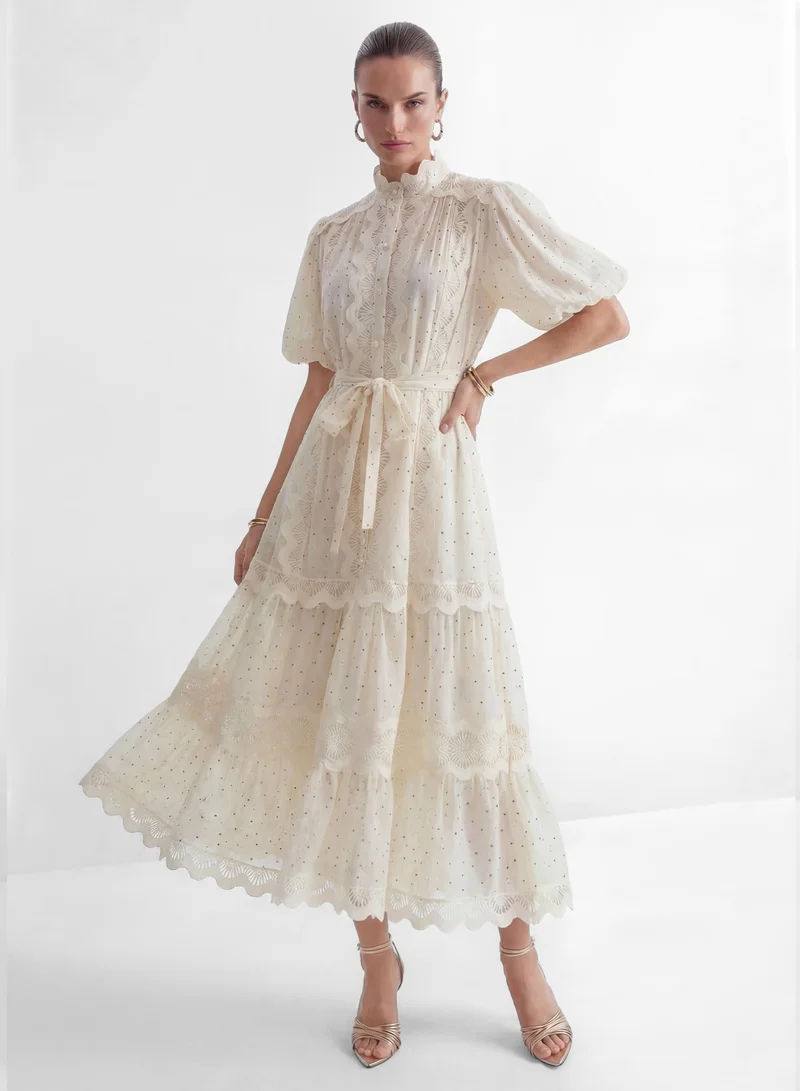 سنفير Momentous Love Beige Lace Trim Polka Dot Maxi Dress