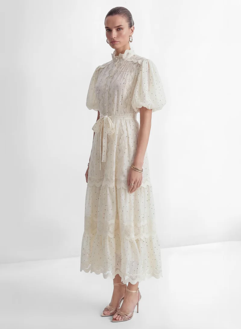 سنفير Momentous Love Beige Lace Trim Polka Dot Maxi Dress