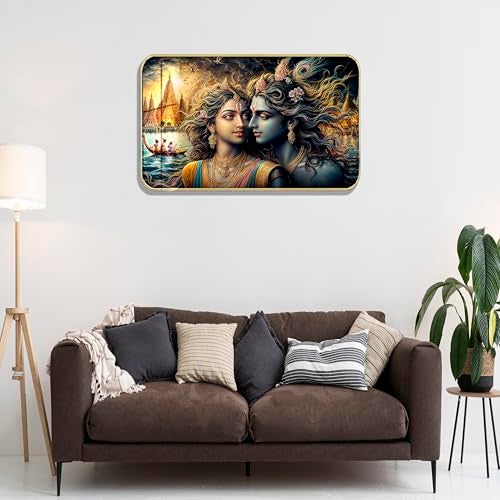 Masstone Radha Krishna Crystal Embedded High Gloss Wall Painting, Golden Slim Frame, 45x30 Cm Wall Art for Living Room, Bedroom, Office & Home Décor (HG11) - Image 2