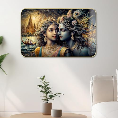 Masstone Radha Krishna Crystal Embedded High Gloss Wall Painting, Golden Slim Frame, 45x30 Cm Wall Art for Living Room, Bedroom, Office & Home Décor (HG11) - Image 1