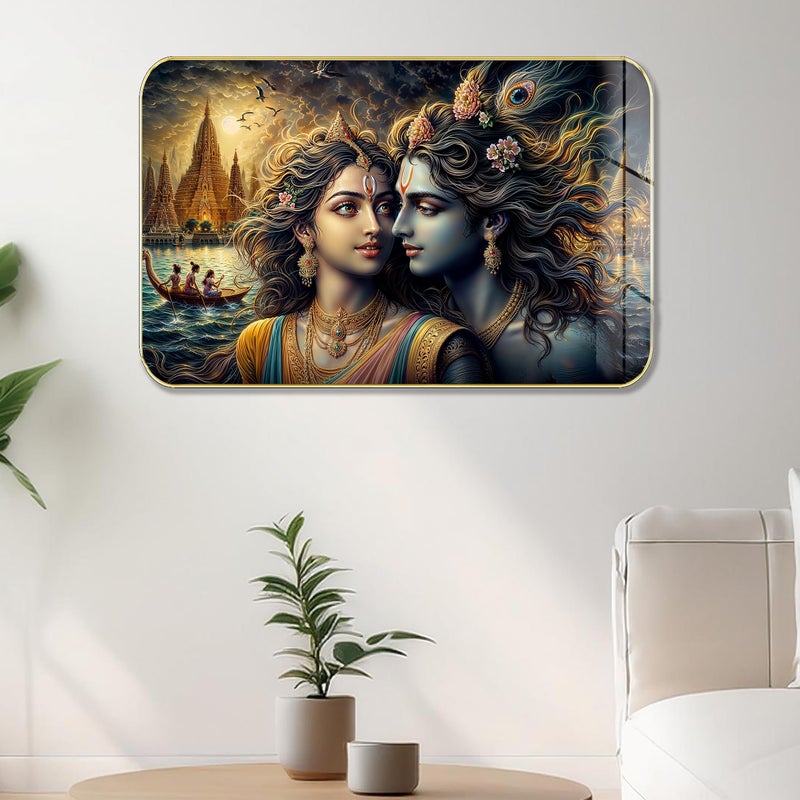 Masstone Radha Krishna Crystal Embedded High Gloss Wall Painting, Golden Slim Frame, 45x30 Cm Wall Art for Living Room, Bedroom, Office & Home Décor (HG11) - Image 5