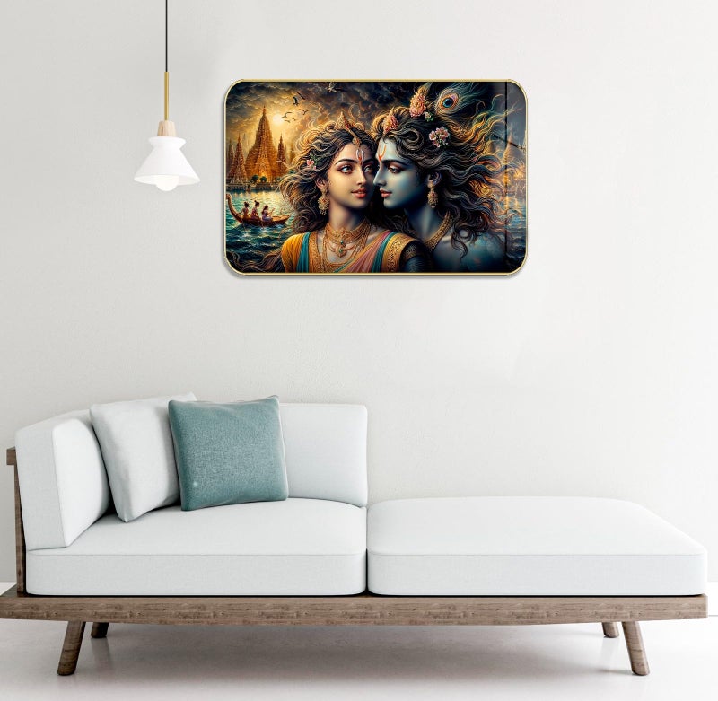 Masstone Radha Krishna Crystal Embedded High Gloss Wall Painting, Golden Slim Frame, 45x30 Cm Wall Art for Living Room, Bedroom, Office & Home Décor (HG11) - Image 3
