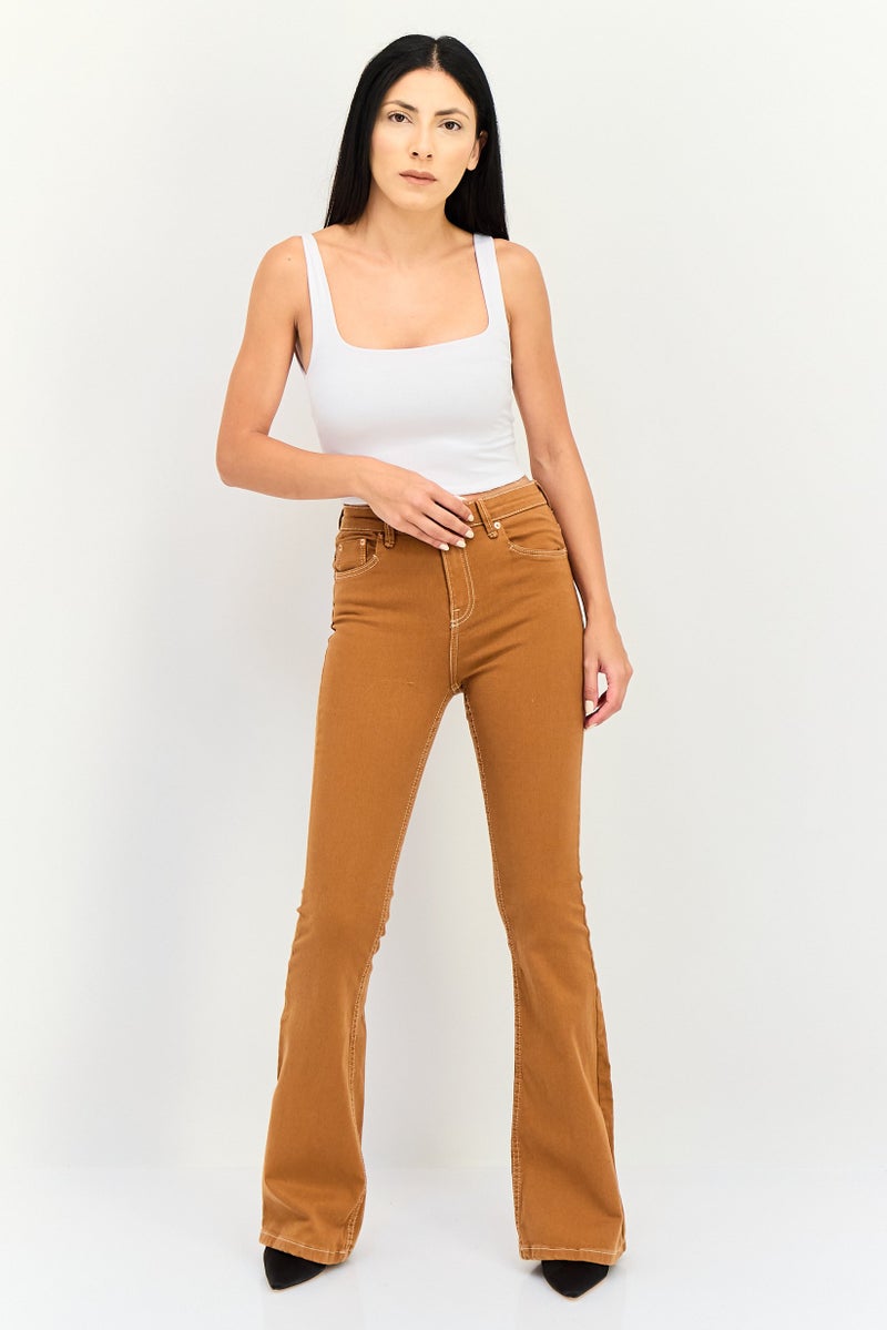 Bershka Women High Rise Solid Flared Jeans, Tan - Image 4
