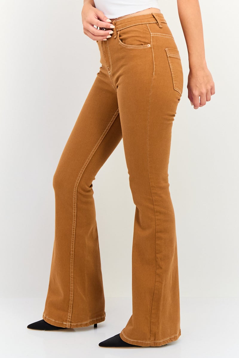 Bershka Women High Rise Solid Flared Jeans, Tan - Image 2